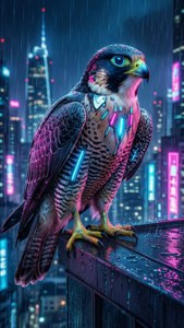 Futuristinen kyberpunk-haukka, jolla on metalliset höyhenet ja neonkorostukset sateisessa pilvenpiirtäjässä, synthwave-digitaalinen taustakuva