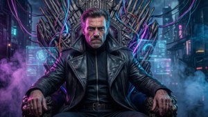 Een cyberpunk futuristische achtergrond met Maximillan Toch op een metalen troon omringd door neonlichten