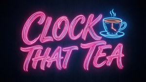Un fond d'écran d'enseigne au néon avec le texte 'CLOCK THAT TEA', icône de tasse de thé et d'horloge, lumineux rose et bleu.