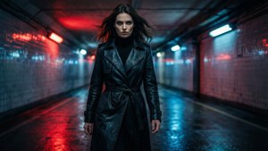 Selene geht durch einen Cyberpunk-Korridor mit Neonreflexionen.