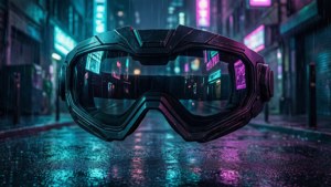 En cyberpunk-inspireret visir, der gløder med neonlys i en regnfuld gyde