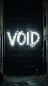 Tanda neon yang mengeja 'VOID' di dinding bata hitam.