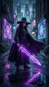 Cyberpunk fantasy-bakgrunnsbilde av en magiker med et neonlysstav-sverd i en regnfull bakgate.