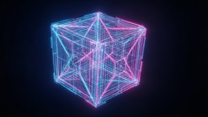 Un cubo wireframe al neon luminoso che fluttua in un vuoto oscuro con luci blu e rosa.