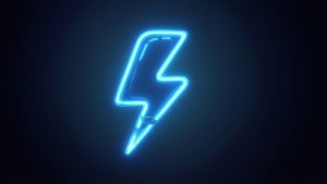 Minimalistisk neongul cartoon lyn på mørk gradient.