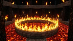 A cinematic view of a Minecraft fire ring in a nether fortress.
