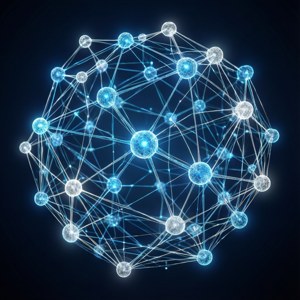 Glowing network graph with interconnected nodes on a dark background.