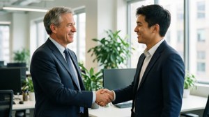 Et samarbejdende portræt af Jamie Dimon, der giver hånd med en kollega
