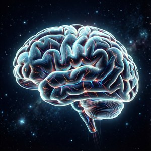 An abstract glowing brain with neural connections in space, representing intelligence and knowledge.