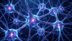 Ein leuchtendes neuronales Netzwerk mit miteinander verbundenen Knoten.