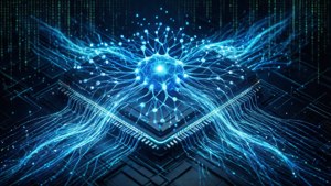 Futuristinen tekoälyydin, jossa on hehkuvia neuroverkkojen solmuja ja datavirtoja
