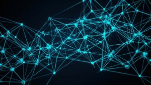 Node dan garis geometris abstrak membentuk jaringan saraf di atas hitam.