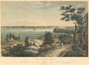 New York from Weehawk by John Hill, created 1823, in hand-colored engraving and aquatint on wove paper. Download this artwork as a high-resolution wallpaper for — John Hill Wallpaper