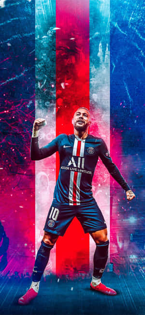 Jugador de fútbol con uniforme del Paris Saint-Germain celebrando con puño en alto contra fondo abstracto colorido. — Capitán de Fútbol Fondos de pantalla
