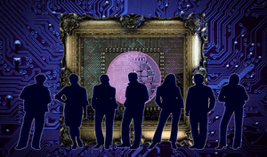 Gruppe af silhuetterede mennesker, der ser en indrammet Bitcoin-chip på en kredsløbspladebaggrund. — NFT Wallpapers