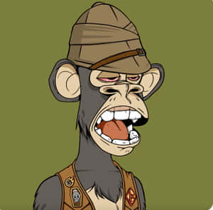 Cartoon monkey wearing hat and vest with fierce grin and tongue out.