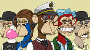 Five stylized cartoon monkeys dressed in human outfits with varied expressions.