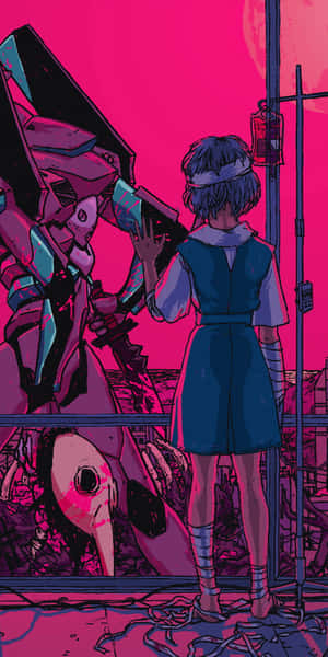 Girl in blue uniform stands beside giant pink and teal mecha under pink sky.