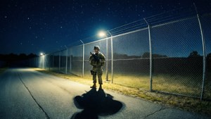 En amerikansk nationalgarde-soldat står vagt ved et grænsehegn under en stjerneklar nattehimmel, ensom og filmisk