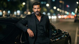 Akshay Kumar i en svart kostym med en lyxbil på natten, stadsljus
