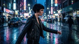 Edgy street style porträtt av en kvinna med svart pixiecut i en neonupplyst regnig stad