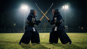 En intens kendo-kamp opplyst av flomlys om natten, som kaster lange skygger og skaper en dramatisk stemning.