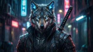 Von Lycaon in einer Cyberpunk-Gasse, Regen und Neonlichter.
