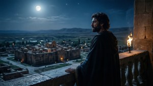 Achaemenes mirando Pasargadae desde un balcón por la noche