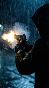 Pistol muzzle flash in rainy night with silhouette
