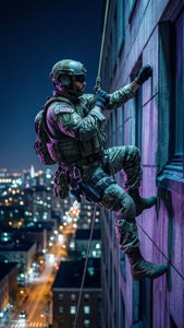 Soldat som rappellerer ned en bygning om natten med bylys.