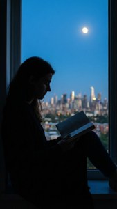 A silhouette reading by a window at night