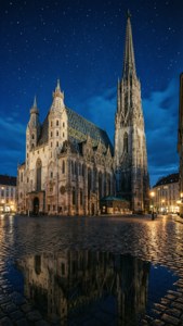 Illuminated Vienna Cathedral reflected in a puddle at night.
