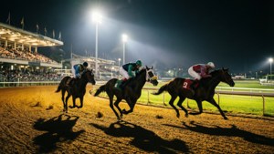Paardenrennen 's nachts onder schijnwerpers