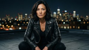 Maggie Q posa come un'agente furtiva su un tetto illuminato al neon.