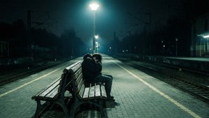 Eine Person kauert auf einer Bank in einem leeren Bahnhof bei Nacht und ruft Apathie und Warten hervor.