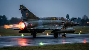 Lepas landas Mirage III dengan afterburner saat senja