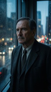 Noir-inspirert bilde av Oppenheimer som ser ut av et regnstrøket vindu om natten