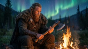 Jarl Balgruuf vilar vid en lägereld under norrskenet.