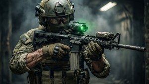 Gritty special forces soldier aiming rifle in dark corridor with night vision glow.
