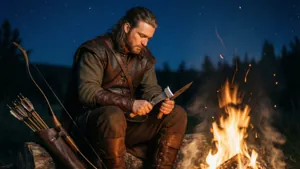 Iorveth prepara frecce accanto a un fuoco da campo sotto un cielo stellato.