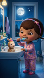 Girl in pajamas brushing teeth with bunny plushie in bathroom at night. — Doc mcstuffins Wallpaper