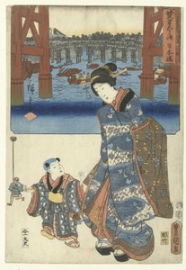Nihonbashi by Utagawa Kunisada (I), created 1854, in paper; color woodcut; nishiki-e. Download this artwork as a high-resolution wallpaper for desktop, tablet, — Utagawa Kunisada (I) Wallpaper
