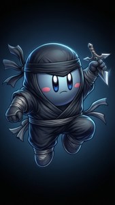 Kirby como ninja con un shuriken sobre un gradiente azul oscuro.