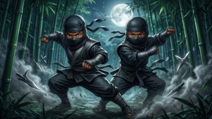 Bubu dan Dudu berpose ninja di hutan bambu yang diterangi cahaya bulan.