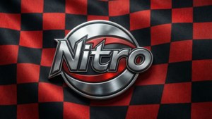Metalen Nitro-insigne op geblokte vlag, perfect voor racefans.