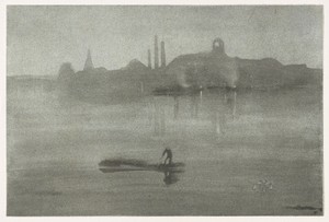 Nocturne by James McNeill Whistler, created 1878, in Lithotint; ink on blue laid chine paper. Download this artwork as a high-resolution wallpaper for desktop, — James McNeill Whistler Wallpaper
