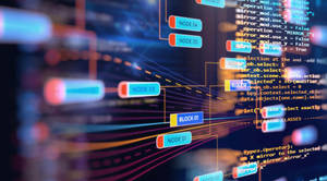 Flytande digitala noder och glödande kod i ett futuristiskt cyberutrymme.
