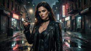 A film noir style DC Bombshell in a rainy alley with a pistol.