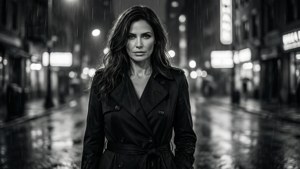 Paz Vega mustavalkoisena, noir-tyyli, sateinen katu neonheijastuksilla.
