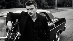 Tom Holland i en svart dress med en klassisk bil, film noir-stil